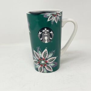 STARBUCKS Holiday Christmas Poinsettia Floral Travel Mug W/Lid Green 14 Ounces